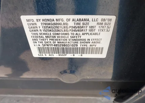 2009 Honda Pilot Ex-L from USA, damaged, VIN 5FNYF48529B031029